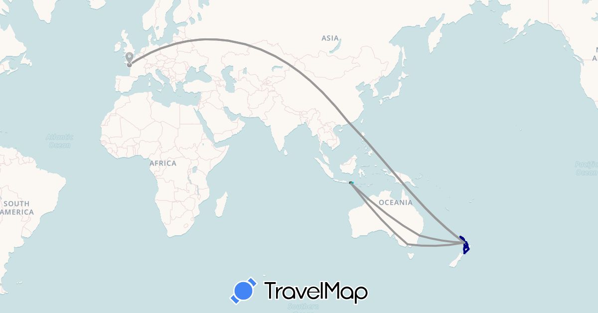 TravelMap itinerary: driving, bus, plane, hiking, boat, motorbike in Australia, China, France, Indonesia, New Zealand (Asia, Europe, Oceania)
